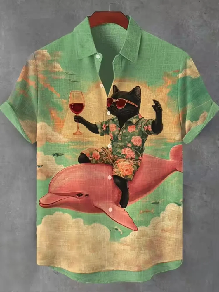 

Men's Funny Cat and Dolphin Graphic Hawaiian Shirt Lightweight Tropical Beach Tunics for Outdoor Button Down Casual Tops