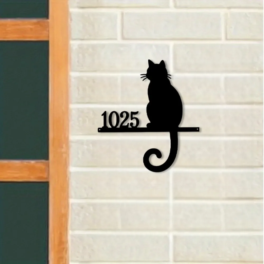 1Pcs Rustic Custom Cat Silhouette Wrought Iron Address Sign Limited Number Decor Farm Villa Courtyard Community Wall Gift - view 3