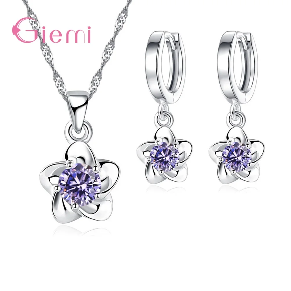 Fashion Simple 925 Sterling Silver Plum Blossom Pendant Necklace Earring for Women Girl Cubic Zircon Jewelry Sets Bijoux