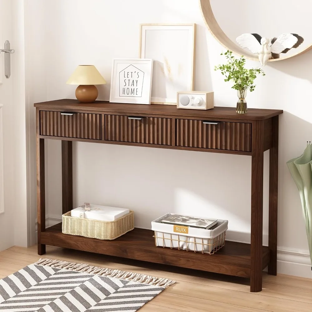 Fluted Console Table with Drawers, Modern 47.1 Entryway Table with Storage Shelf, Narrow Skinny Behind Couch Wood Sofa Tabl