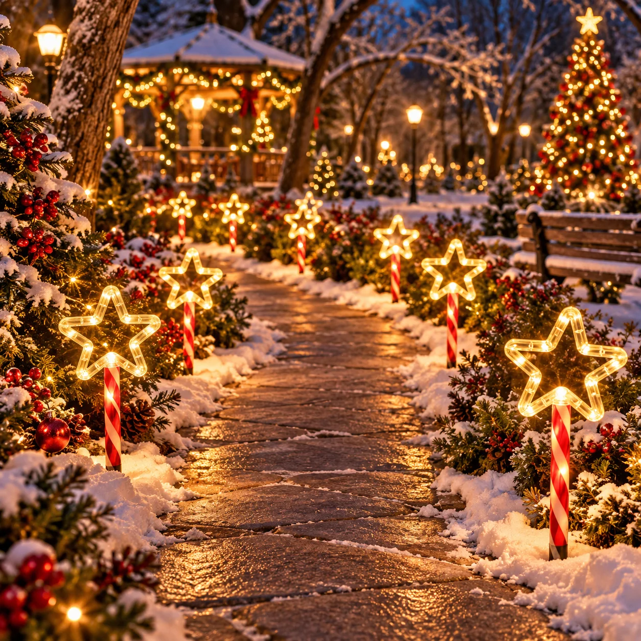 Christmas Solar Star Stake Lights, Red White Candy Stick Design, Twinkling Warm LED, Outdoor Pathway for Yard & Lawn Decoration
