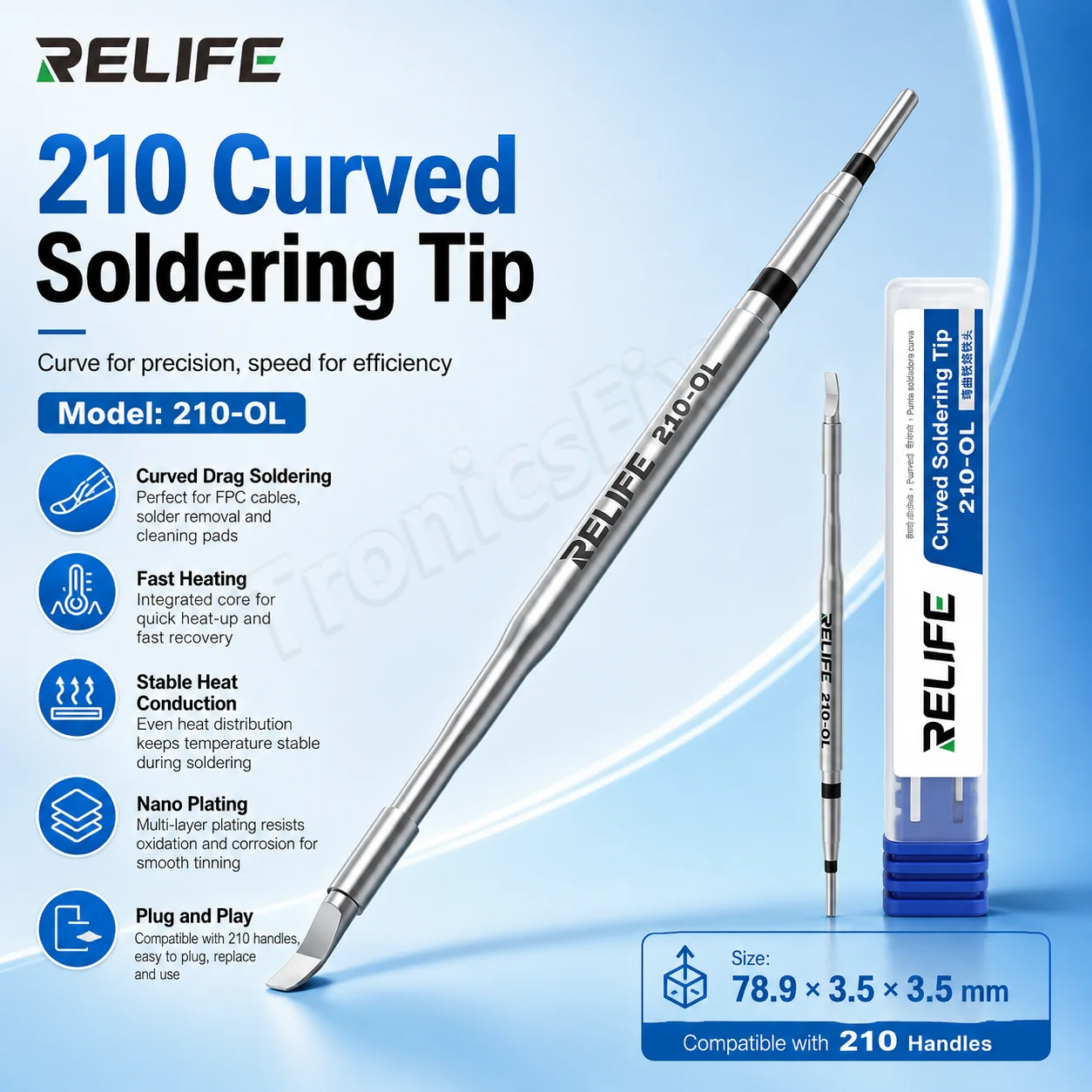 RELIFE 210‑OL Curved Soldering Tip, for Motherboard FPC Pad Soldering & Desoldering, Mobile Phone Component Repair Tools