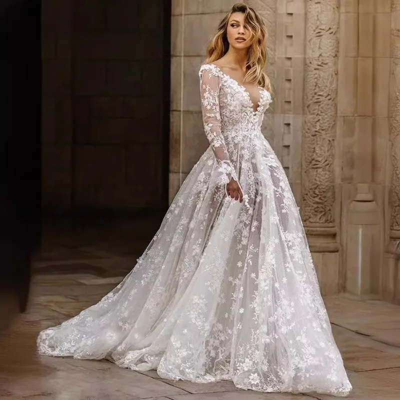 Damen V-Ausschnitt Langarm Spitzen-Hochzeitskleid Mesh A-Linie Brautkleid Abendparty Maxikleid