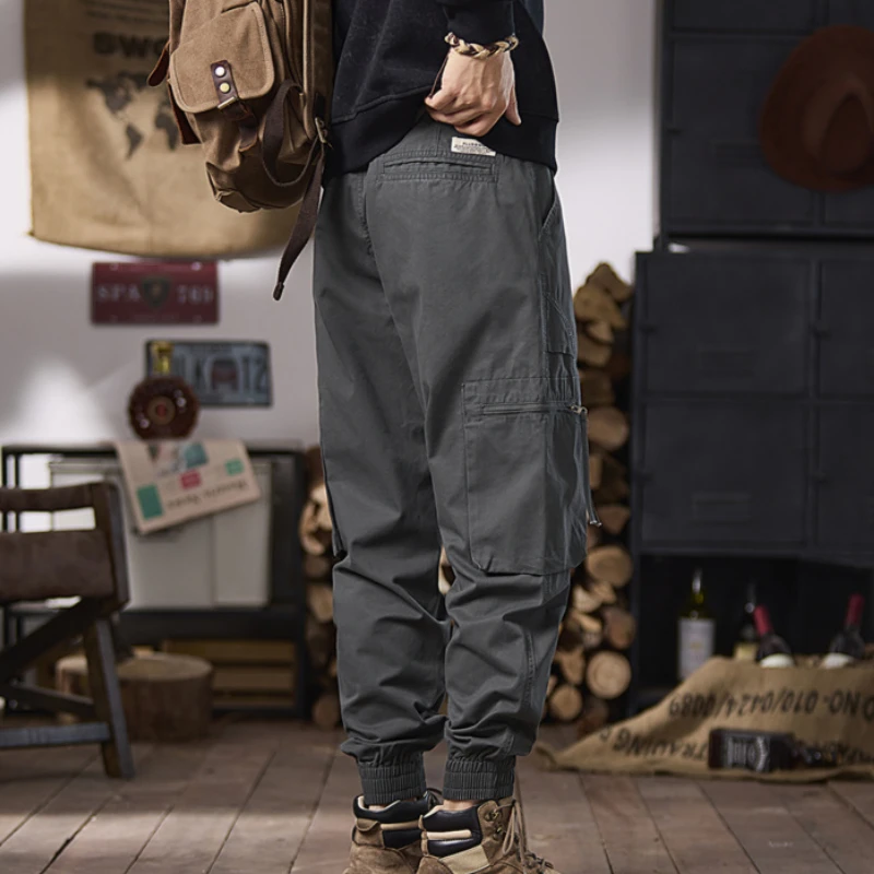 2025 Spring New 100% Cotton Vintage Cargo Trousers for Men Clothing Elastic Waist Solid Color Men Pants YLG03