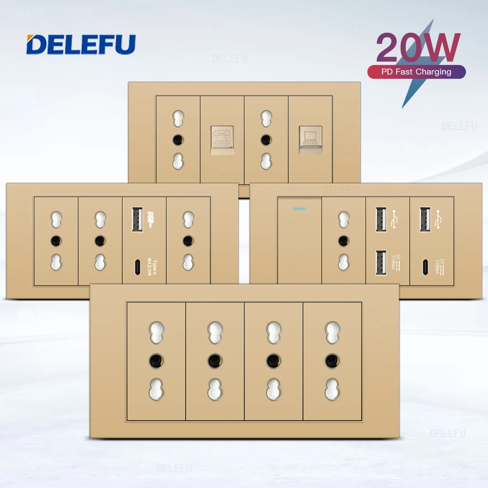 DELEFU Flame Retardant SC31 Panel 145mm Gold Italian Standard USB Type C Fast Charging Wall Socket Switch TV Phone CAT5 CAT6