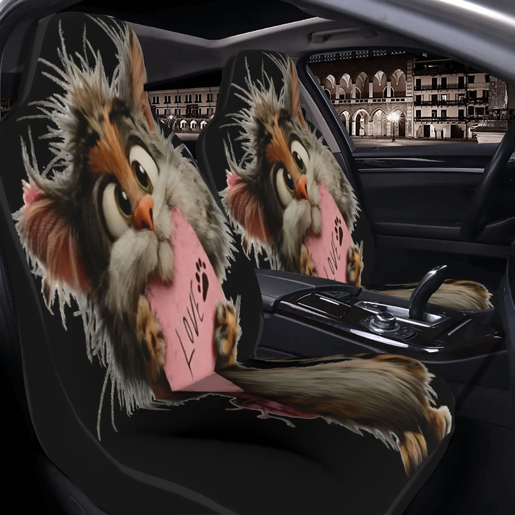 Juego de 2 fundas de asiento de coche con diseño de gato, con una tarjeta rosa que dice 'LOVE' y una huella de pata, compatibles con Al