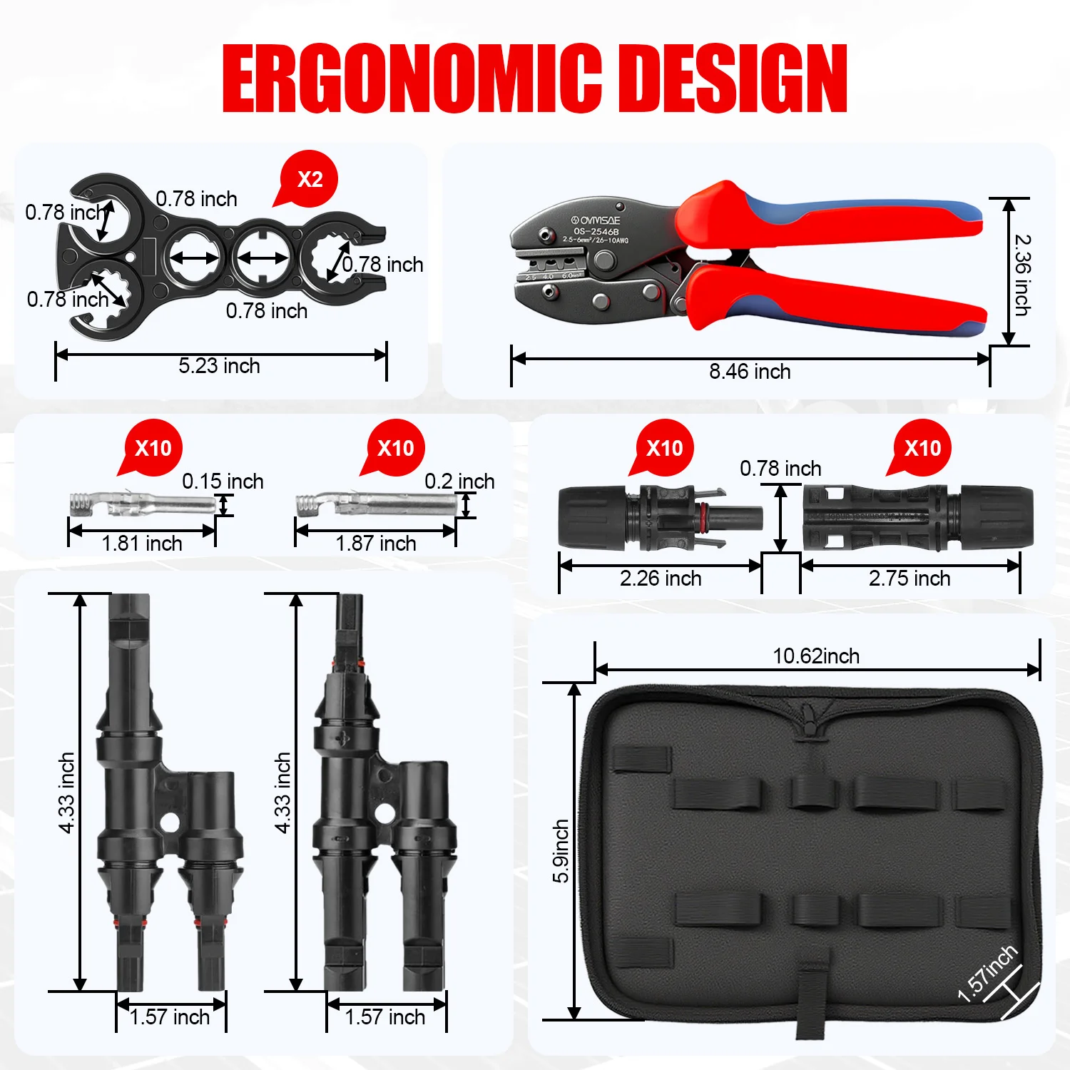 OYMSAE 24PCS Solar Crimper Tool Kit With Y-Branch Connector PV Cable Crimping Tools For Solar Panel MC4 Connector Installation