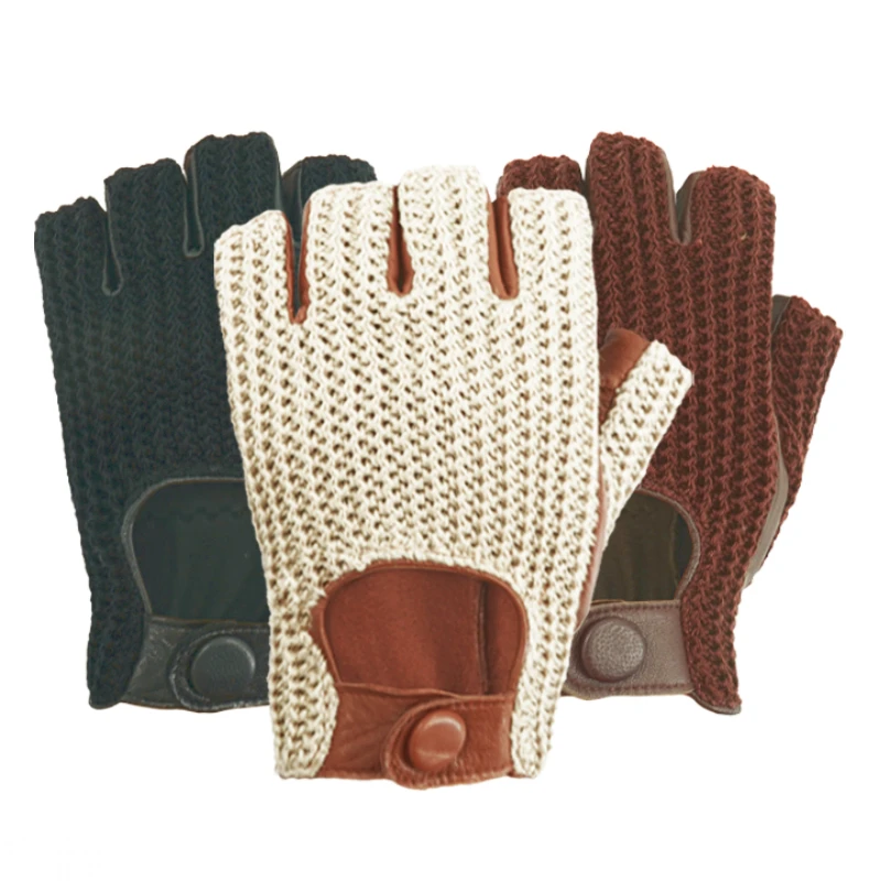 Men Driving Gloves motorcycle locomotive Half Finger Sheepskin Gloves Knitted Leather Male Car gloves guantes de trabajo