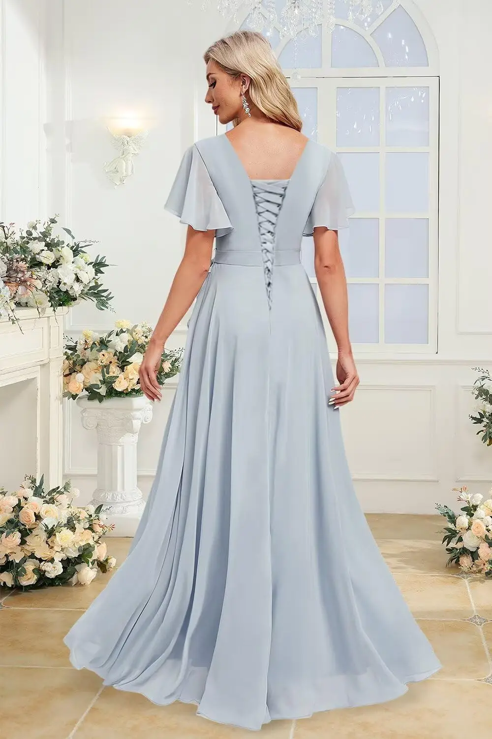 Women's Chiffon Bridesmaid Dress with Flowing Ruffle, Square Sleeves, Tie Pockets, Evening Gown Long Ball Gow Women Evening Gown