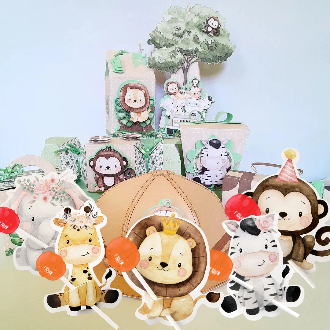 48pcs Pink Carton Animal Lollipop Cards Candy Holder Supplies For Girl\'s Wild Forest Happy Birthday Party Candy Gift Accessory