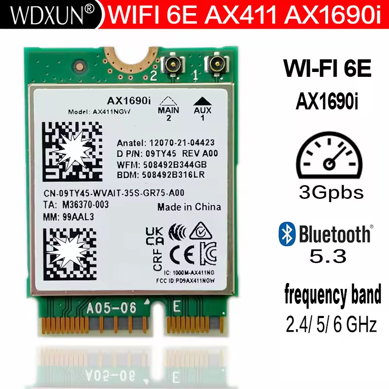 Wi-Fi 6E AX411 AX411NGW AX1690i WIFI 6E מהירות 2.4 Gbps 802.11ax 2.46GHz 56GHz 6GHz Bluetooth 5.3 BT5.3