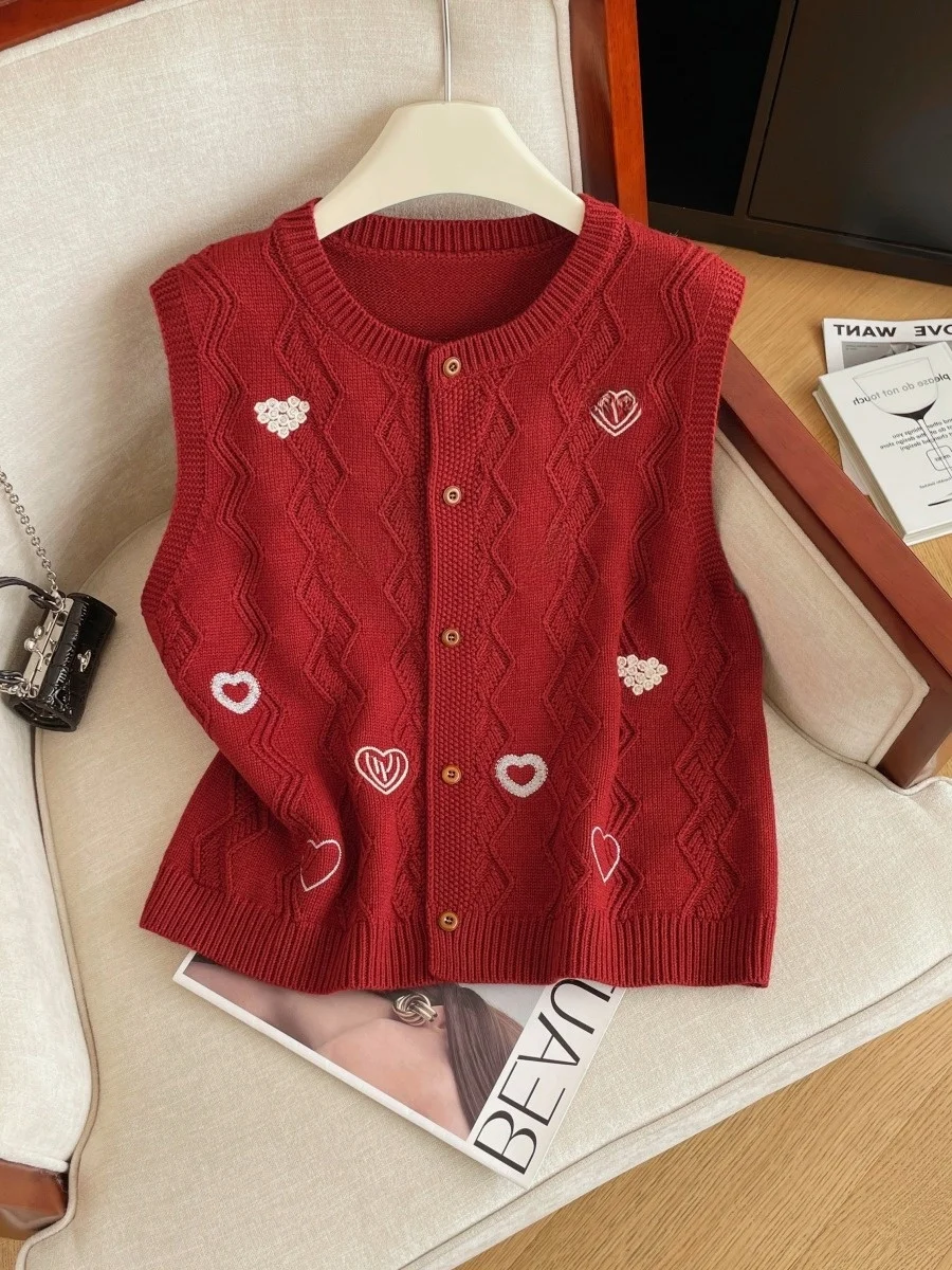 

Sweet Sle Embroidered Heart Open Cardigan Top Women's Faionable Layered Wear Cotton Knitted Spring New Arrival