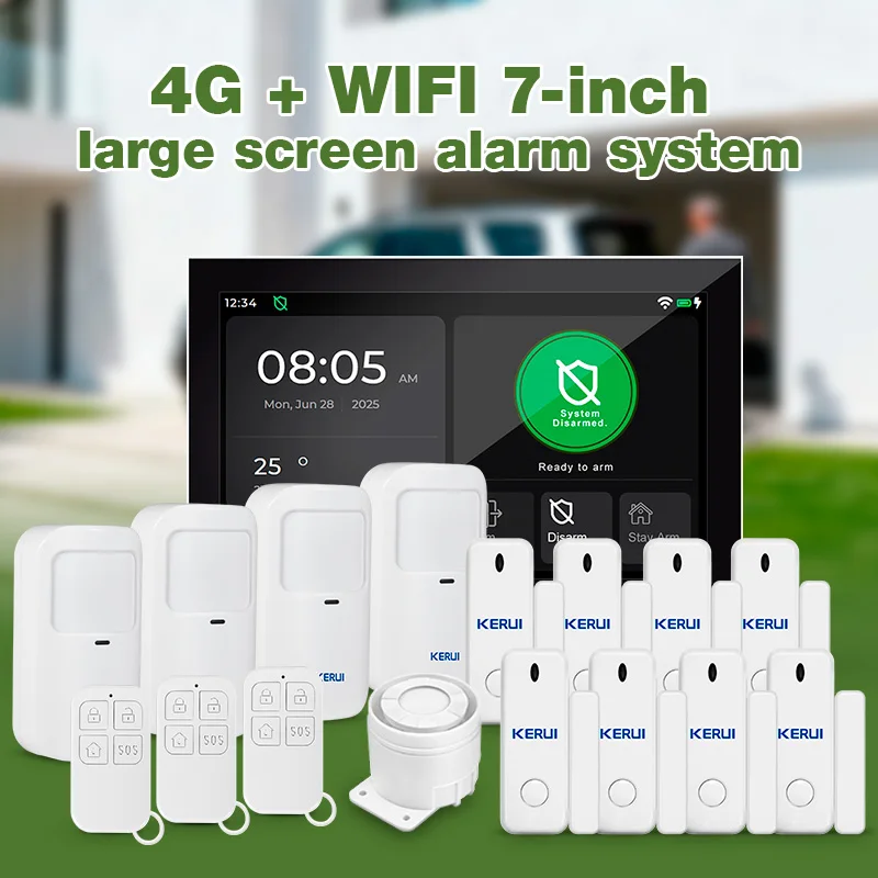 

KERUI 7-дюймовый большой сенсорный экран, панель сигнализации для дома, Wi-Fi + 4G, противоугонная сигнализация, умная поддержка Tuya, датчик FSK/ASK, 433 МГц