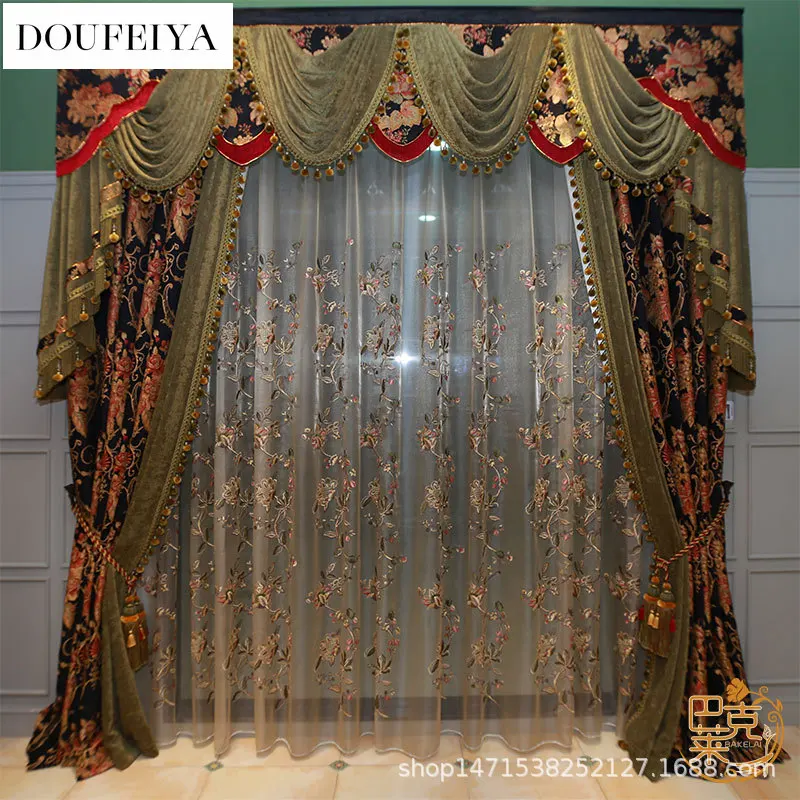 

European Embroidered Luxury Curtains for Living Room Bedroom Dining Chenille Blackout Custom Made Valance Tulle Window Palace