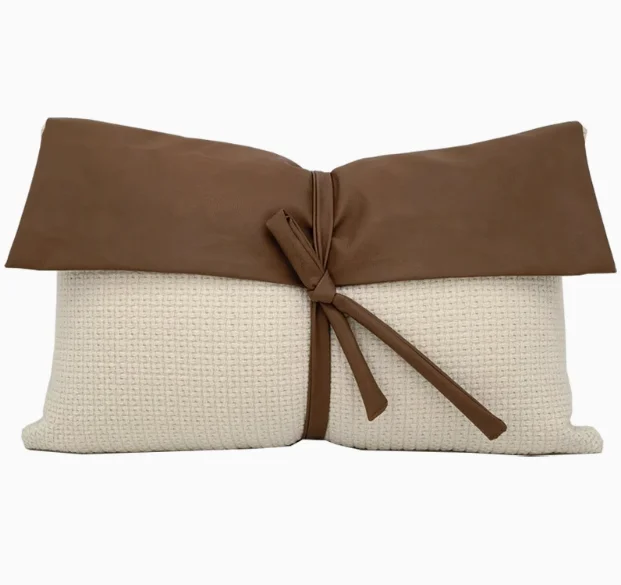 brown beige leather patchwork cushion cover lumbar pillow case