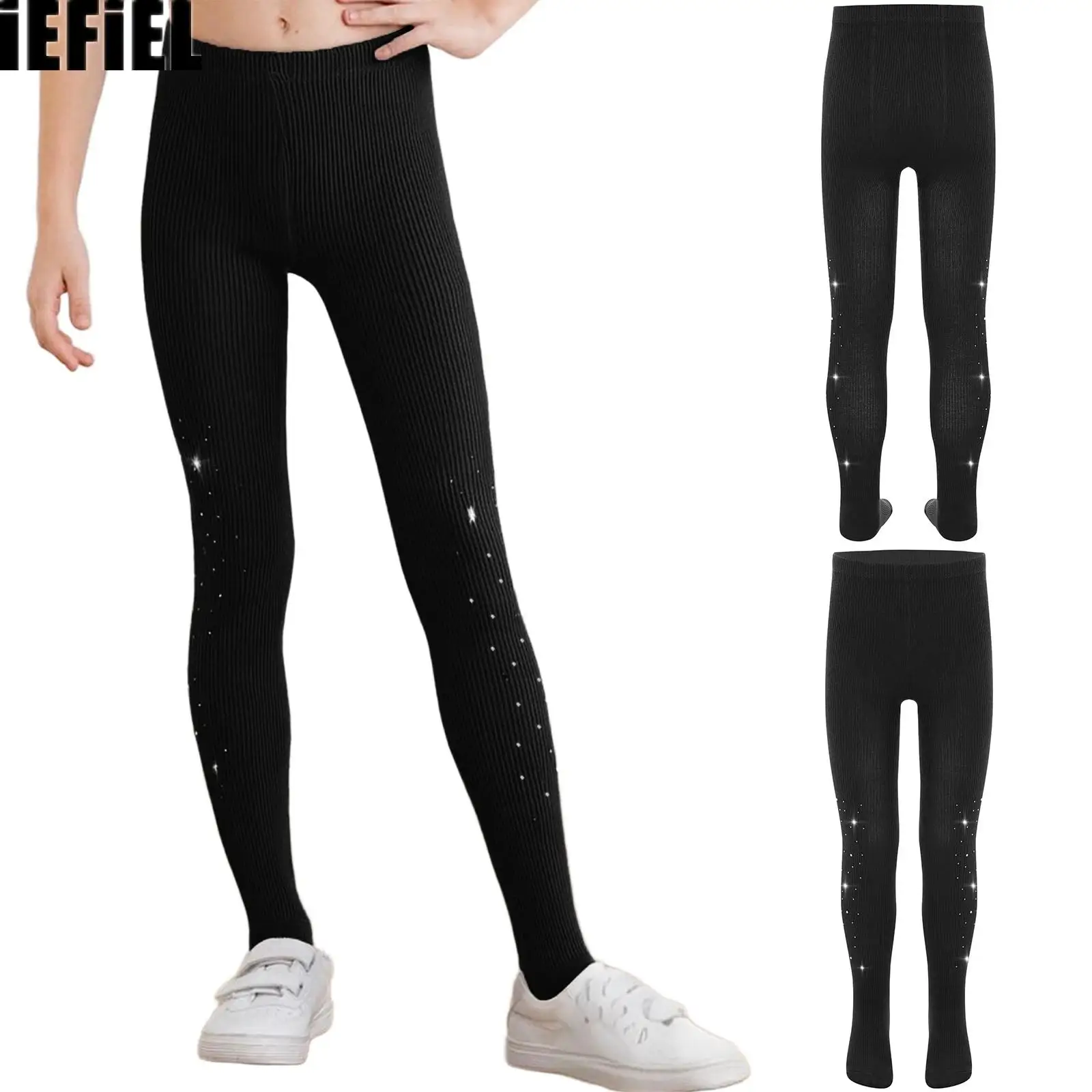 

Kids Girls Stretchy Ribbed Elastic Waistband Pantyhose Solid Color Footed Leggings Sparkling Rhinestones Tights