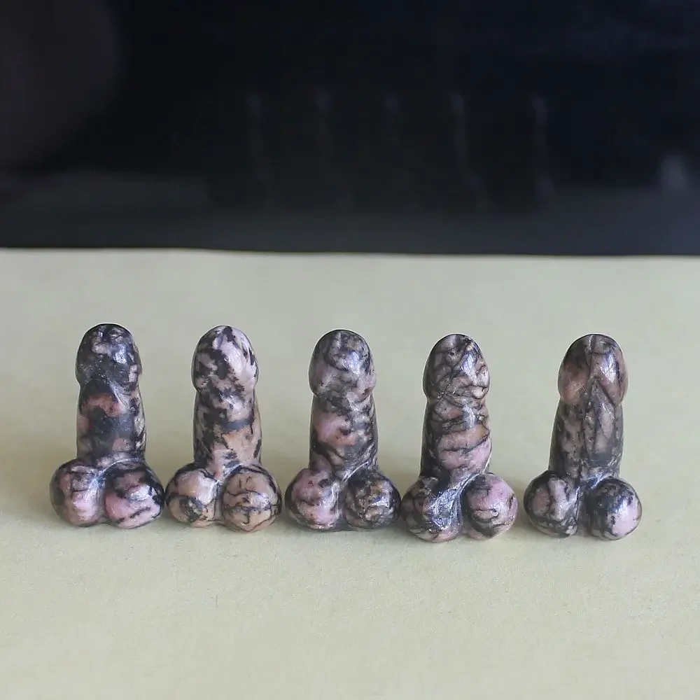 5pcs Mini Hand Carved crystal rhodonite stone Man genital Penis testicle statue Figurine lovely pocket stone(28mm-30mm)