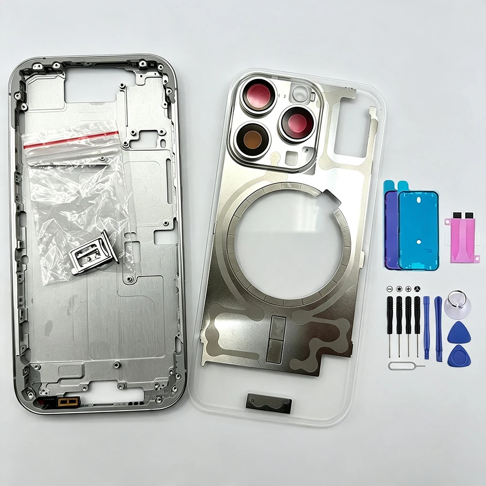 Complete Housing Replacement Assembly For iPhone 16 Pro 16 Pro Max Middle Frame With Transparent Back Glass Panel +Side Buttons