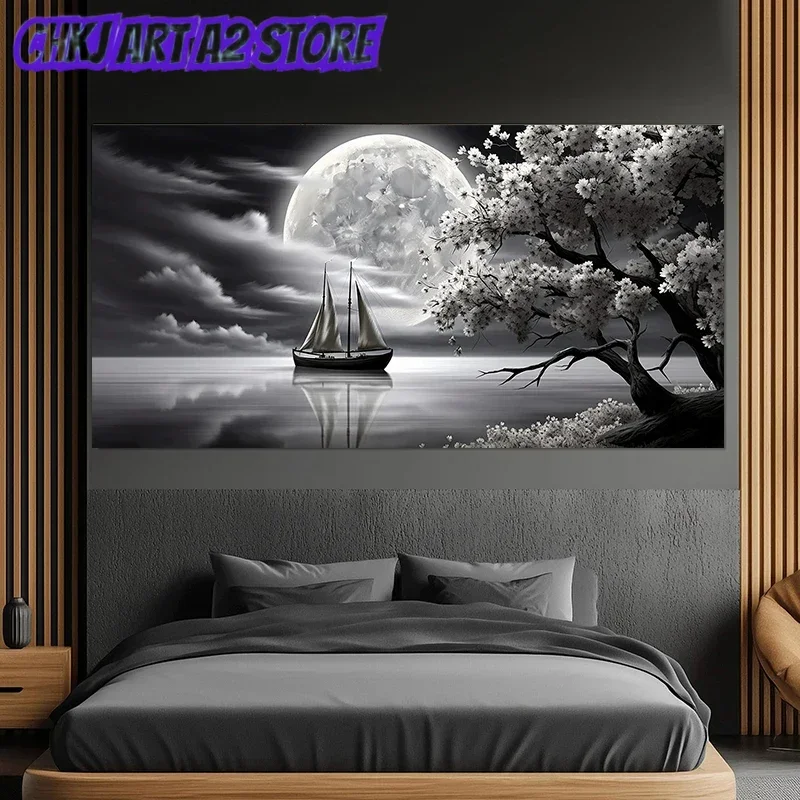 Abstract Tree Blossom with Full Moon Sailboat Night Poster and Prints Canvas Painting Wall Art Pictures Home Decor Cuadros