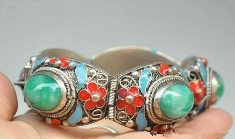 OLD CHINESE CLOISONNE TIBET SILVER INLAID JADE HANDMADE WORK BRACELET