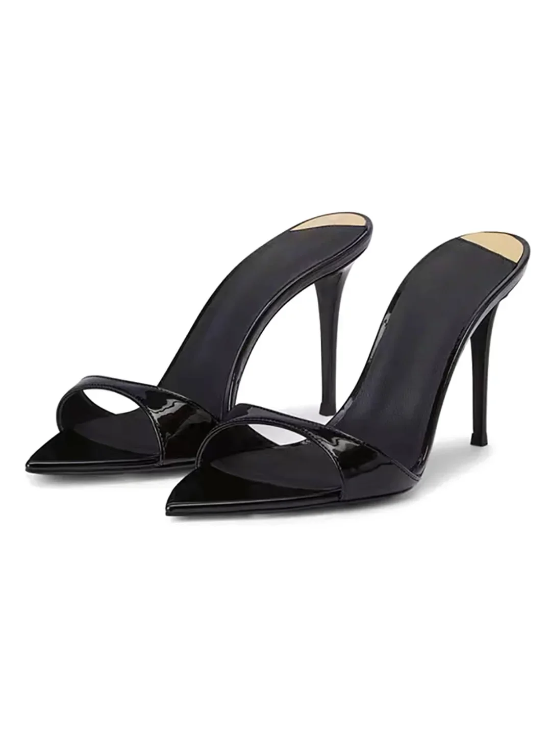 2024 Summer New Pointed High Heels Women\'s Lacquer Leather Slim Heels Open Toe Slippers Sexy Black Outer Wearing Sandals