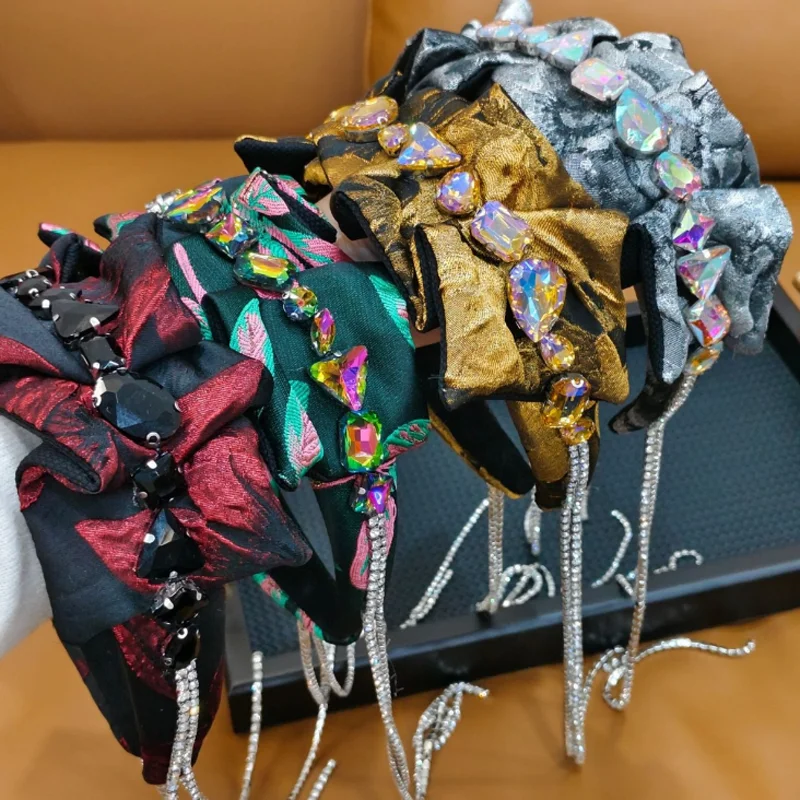 新しい中国風ワイドエッジヘアバンド、タッセル付きビッグダイヤモンドジャカード刺繍ヘアフープヘッドバンド、女性用ヘアアクセサリー