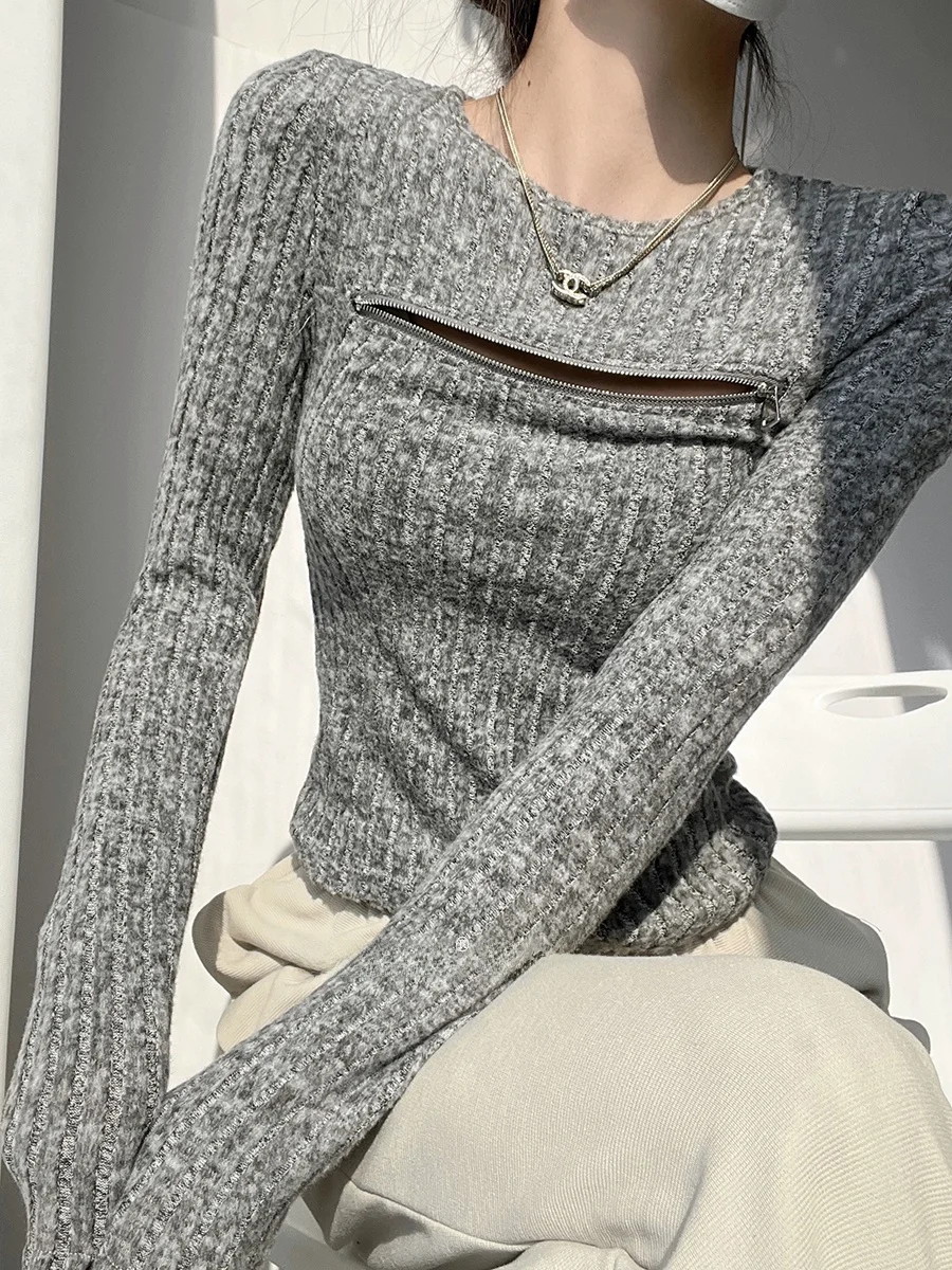 Sexy Hollow out Zipper Chest Knitted T Shirt Women Slim Long Sleeve Knitted Sweater Sweet Style  Color Spring Fashion