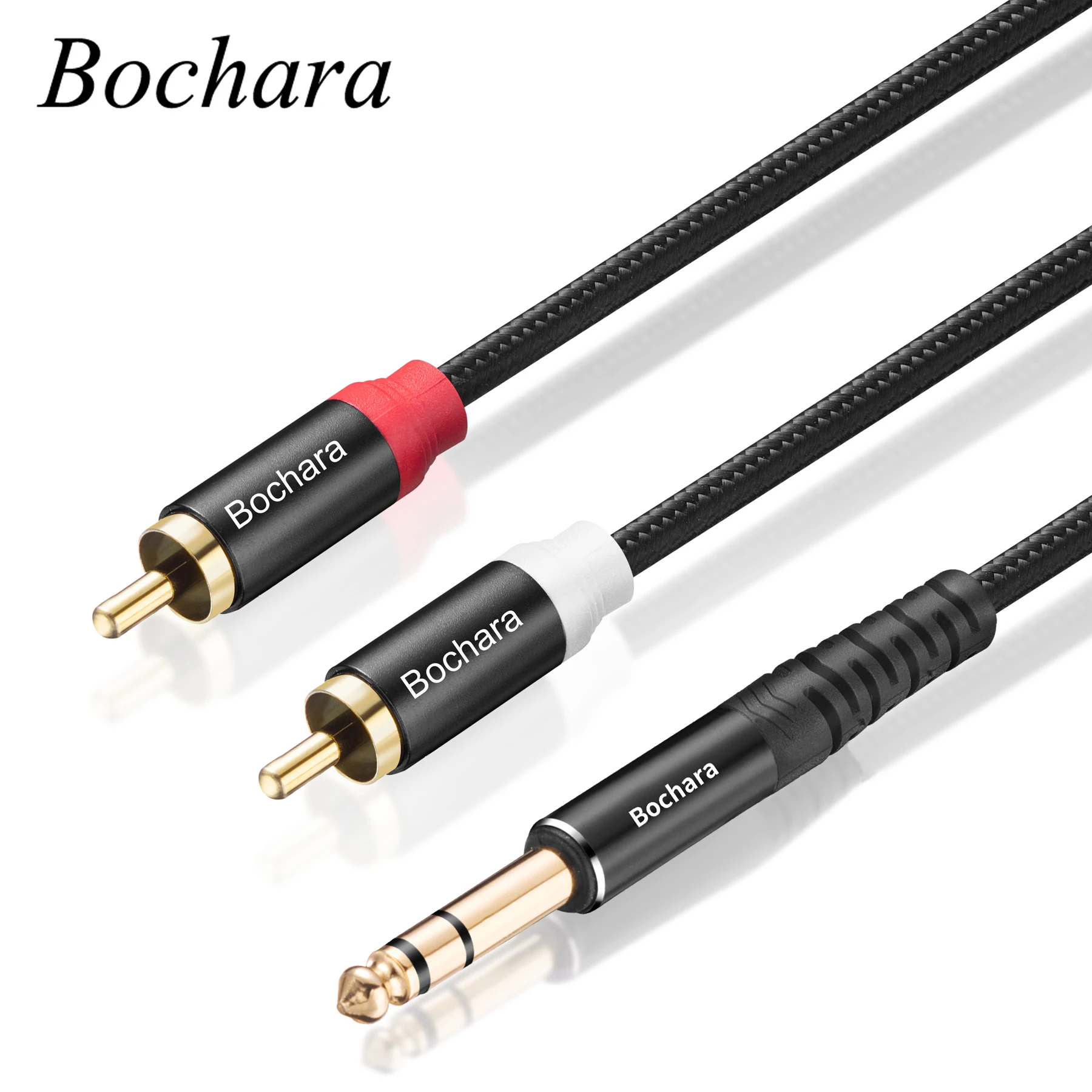 Bochara Braided 1/4inch TRS 6.35mm Stereo Jack to 2RCA Male OFC Shielded Audio Cable Gold Plated 1.5m