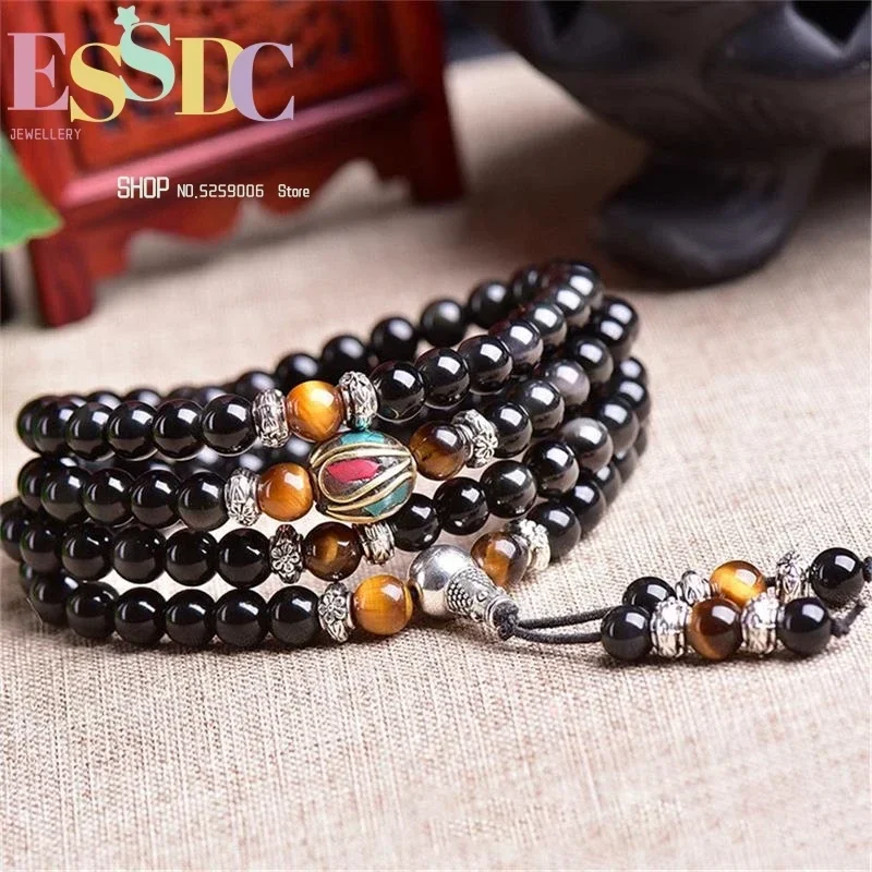 Fashion 6mm Natural Rainbow  Obsidian 108 Beads Prayer Mala Energy Tiger Eye Stone Meditation Bracelet or Necklace Wholesale