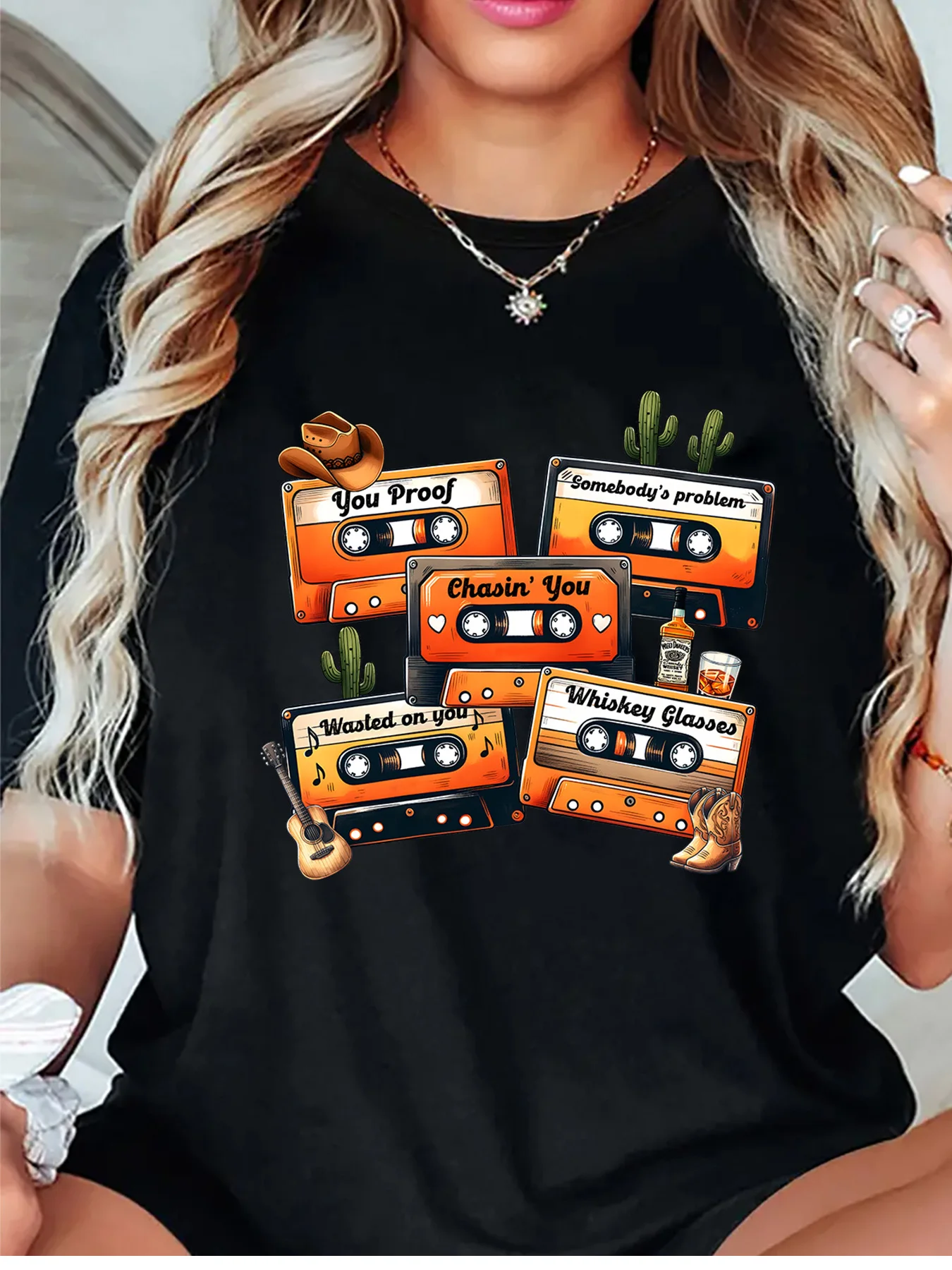 Country Music Retro Cassette Tapes Cactus Guitar Art Graphic Womens T Shirt Short Sleeve Crew Neck Daily Casual Ladies Tee Tops