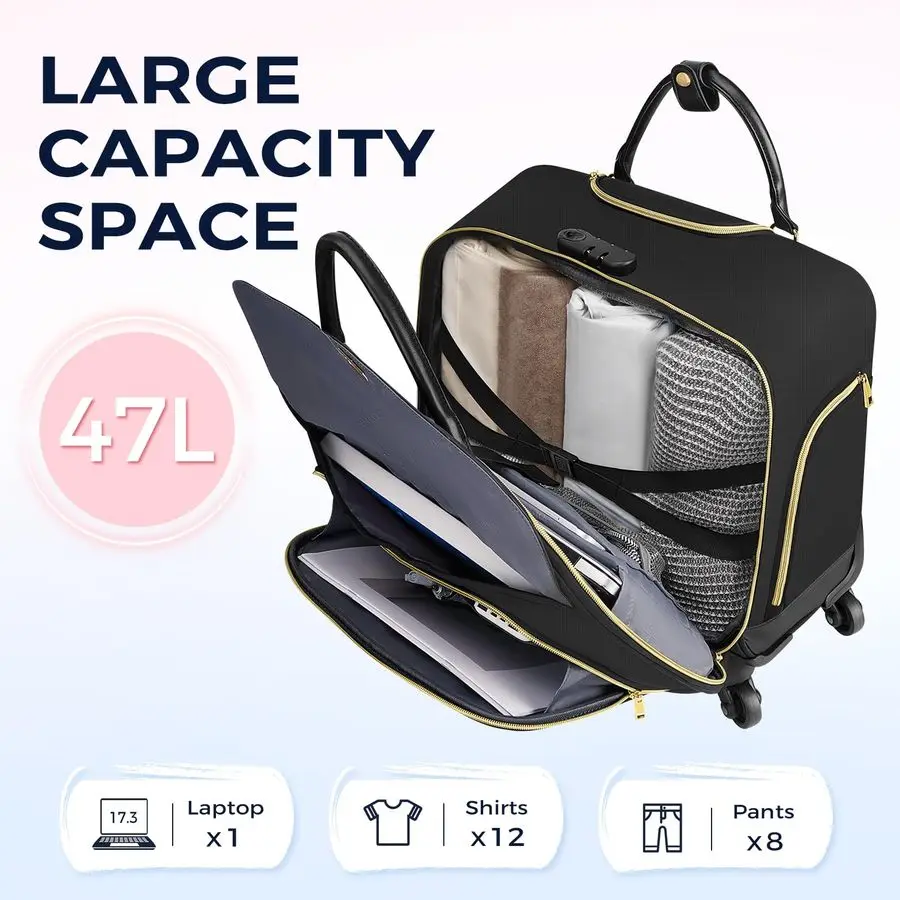 Bolsa para portátil con ruedas, maletín con ruedas para mujer con 4 ruedas giratorias, maletín de 17,3 pulgadas para mujer con cerradura y cubo de embalaje,