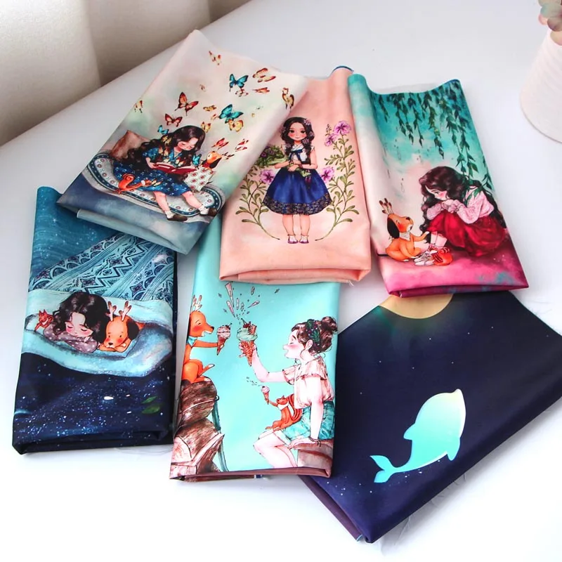 36*49cm Starry Girl Imitation Silk Diy Bag Fabric Cloth Sewing Pattern Painting Material Crafts Textile Patchwork Cartoon Fabric