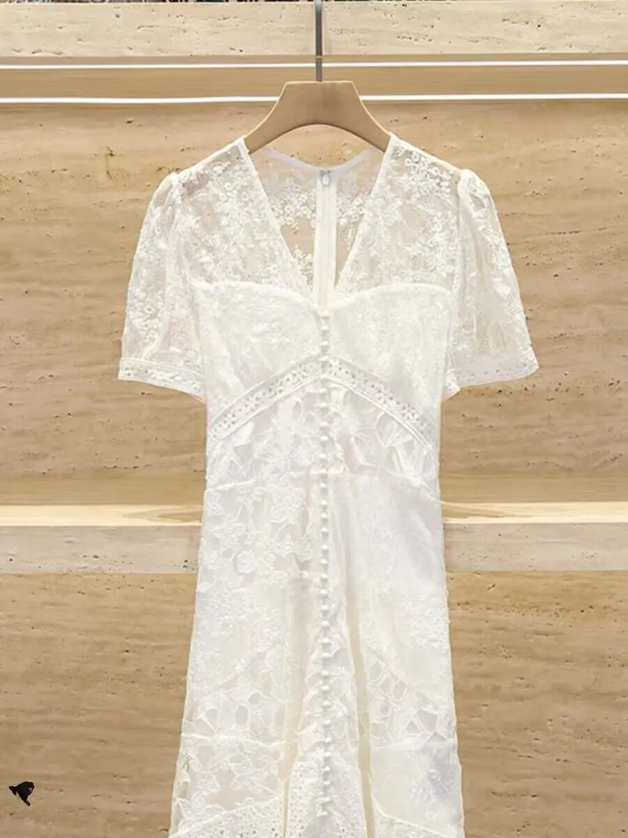 Clearance Price Ladies V-Neck Short Sleeve High Waist Short Robe Women's Lace Hollow Splicing White Dress