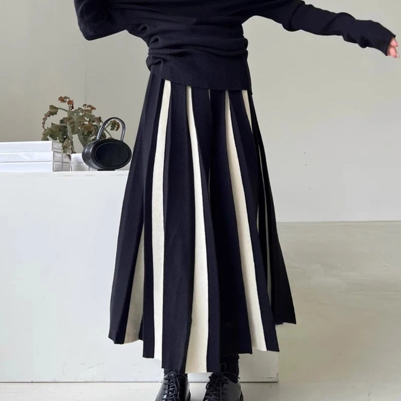 

Womens High Waist Pleated A-Line Knitted Midi Long Skirt Vintage Colorblock Striped Elastic Waist Swing Maxi Skirts 066C