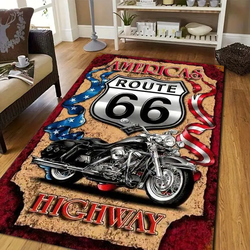 Route 66 The Mother Road Print Flannel Area Rug Non‑Slip Soft Floor Mat For Couch Bedroom Living Room Indoor Home Cozy DecorGift