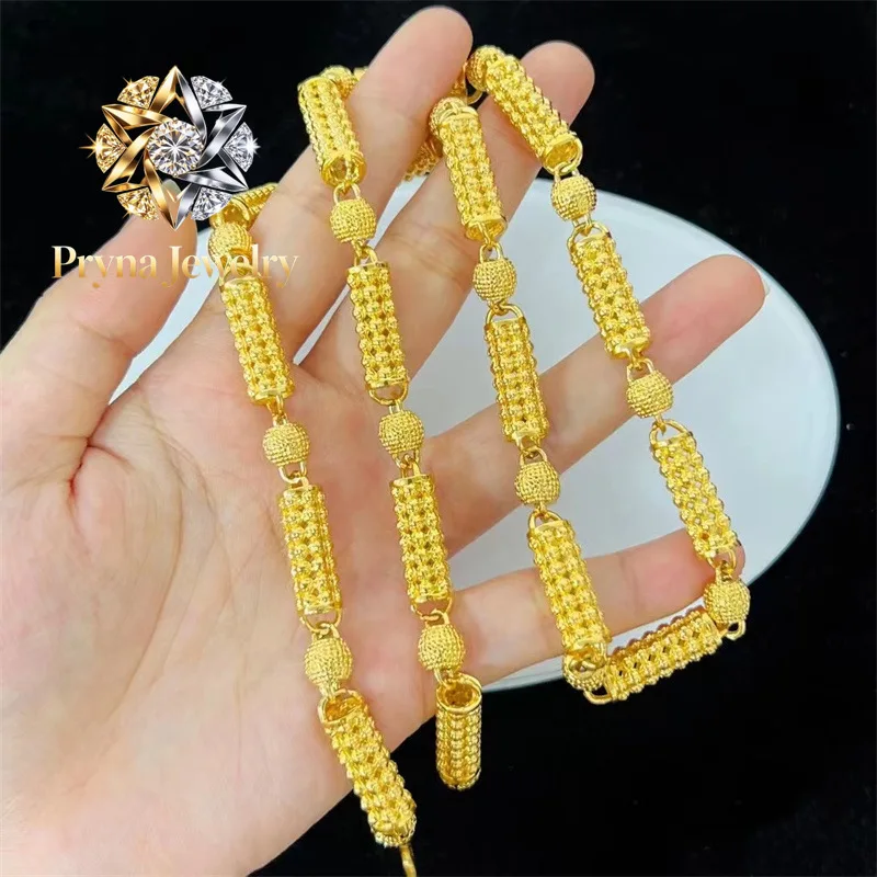 Pryna Jewelry   Luxury 24K real gold jewelry hollow cylindrical beads men and women au9999 gold chain European and American acce