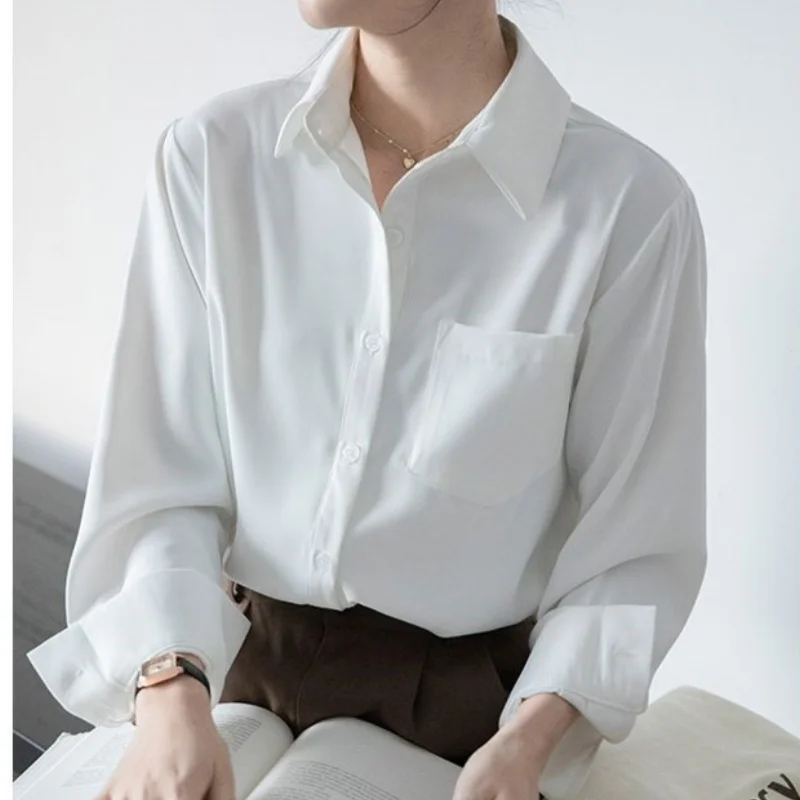 

Simple White Shirt Office Lady Elegant Loose Tops Polo Neck Long Sleeve Shirts With Button Comfortable Breathable Female Clothes