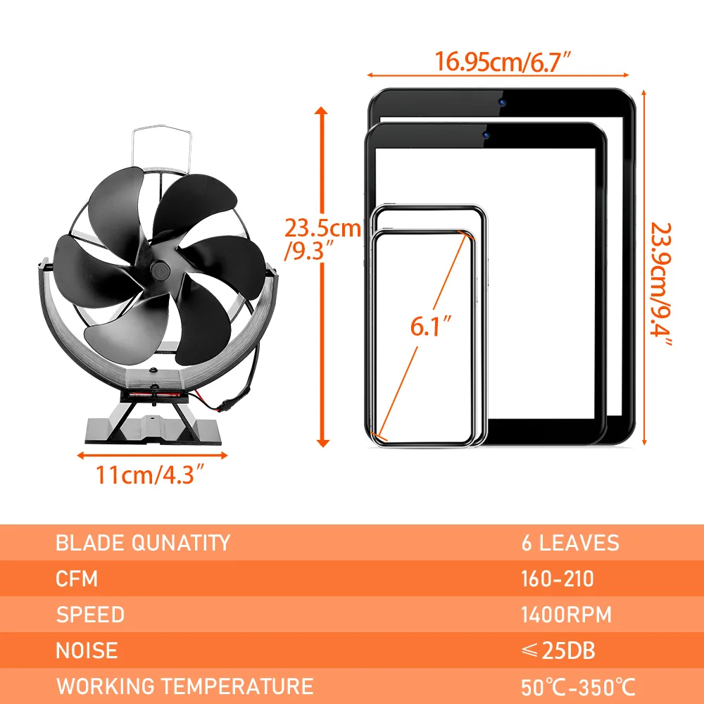 1ชิ้นพัดลม360ขับเคลื่อนด้วยเตาแบบหมุนได้6ใบพัดพัดลมเตาผิงเป็นมิตรกับสิ่งแวดล้อมพัดลมกระจายความร้อนที่มีประสิทธิภาพพัดลมเตา