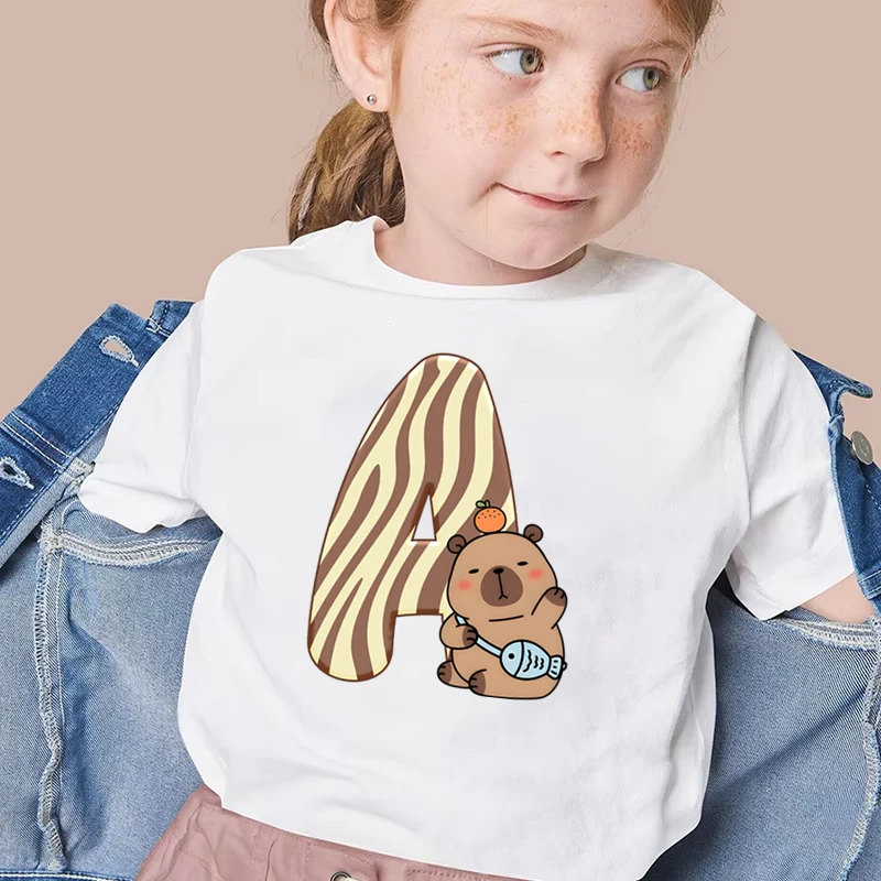 Kids Clothing Cartoon Capybara Letter A-Z Print T-Shirt Girls Boys Short Sleeve Cotton Tee Capybara Lover 26 Alphabet Y2K Tops