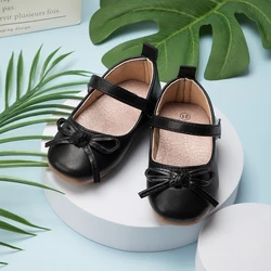 2024 Casual Princess Kids PU Leather Girls Shoes Black Bowknot Decor Mary Jane Non-slip Rubber Sole Girls Children's Shoes Flats