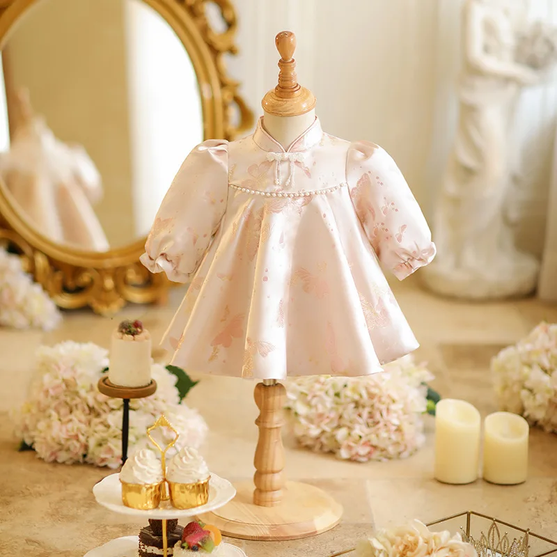 

New Chinese style baby girl first year princess dress long sleeve children's birthday grab week dress baby daily cheongsam dress