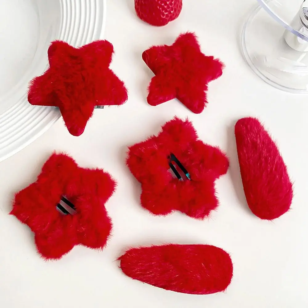 

1pair Waterdrop Plush Star Hair Clips Red Color Barrettes New Year Hairpins Hair Side Clip Hair Accessories Star Duckbill Clips