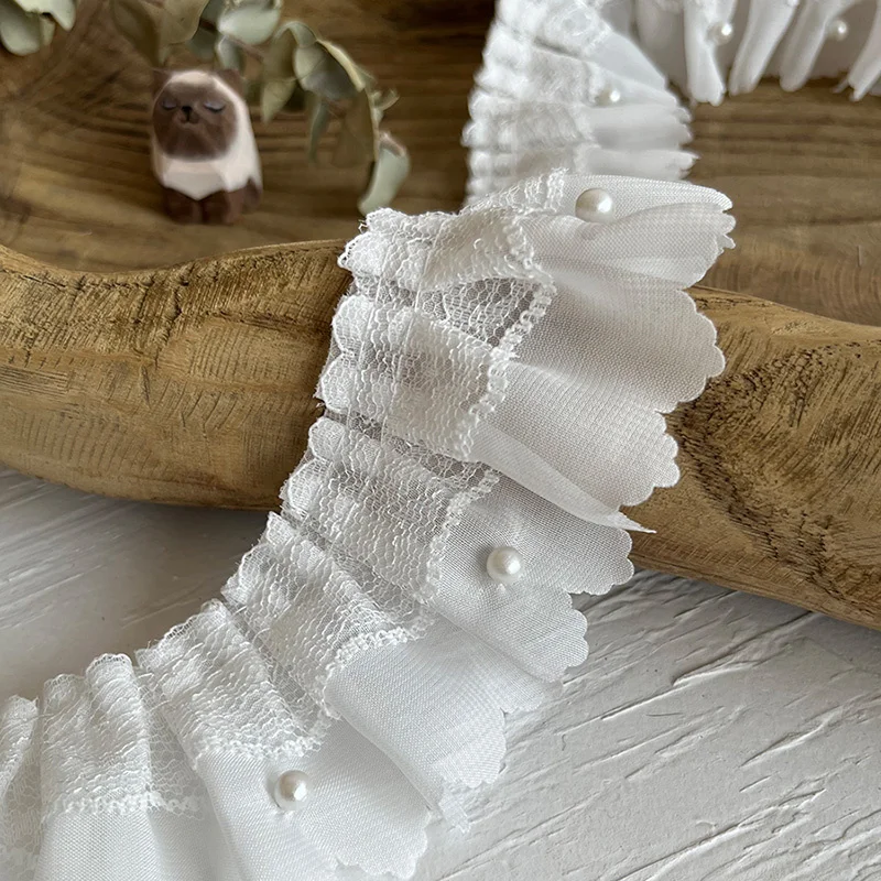 6CM Wide White Chiffon Pleated Fabric Ruffle Frilled Ribbon Beaded Fringe Lace Edge Trim Wedding Dress Collar DIY Sewing Decor