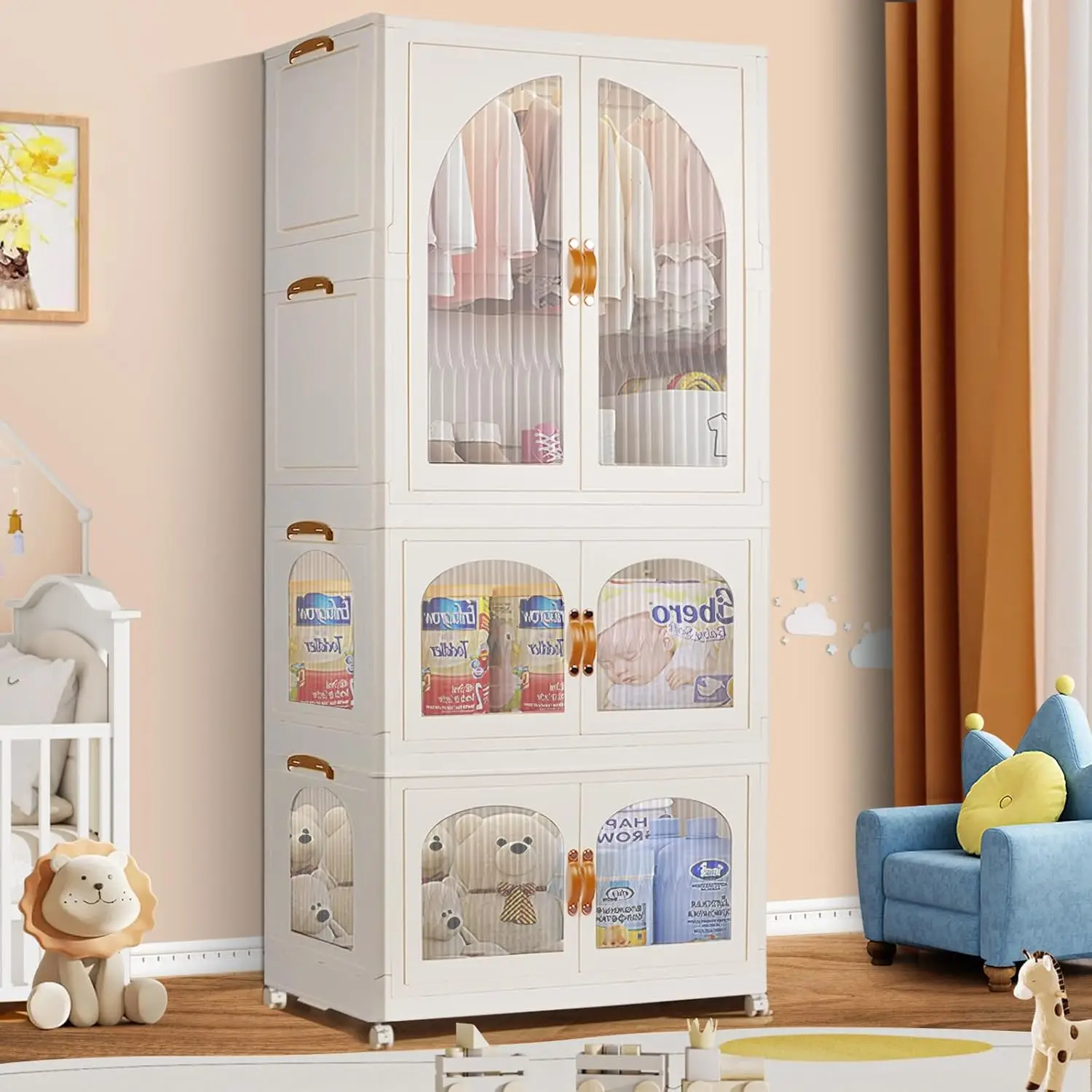 Kalolary Portable Kids Closet, Children'S Wardrobe Collapsible Plastic Wardrobe With Wheels Foldable Baby Clothes Cabinet