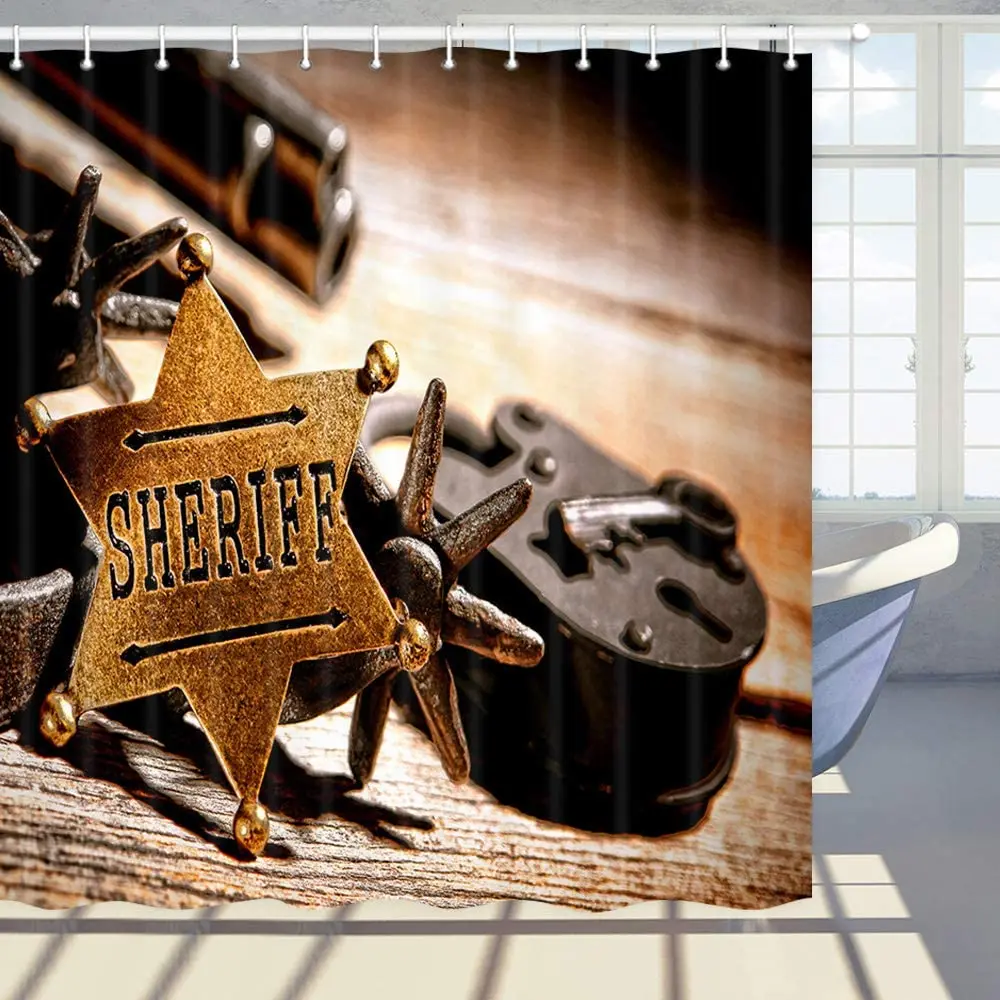 Western Cowboy Shower Curtain Golden Sheriff Star Wooden Table Bathroom Curtain Polyester Fabric Bath Curtains Set with Hooks