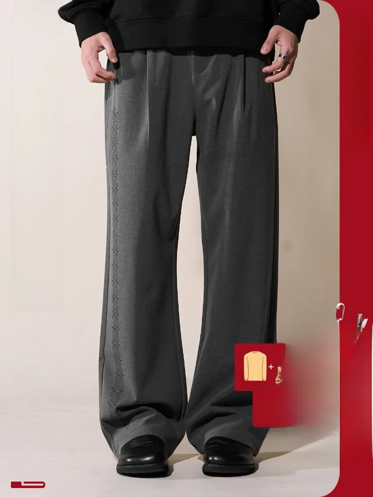 

Loadmind American Retro Embroidered Drape Casual Men's Wide Leg Straight Cut Versatile Pants Loose Fit Straight Tube Trousers