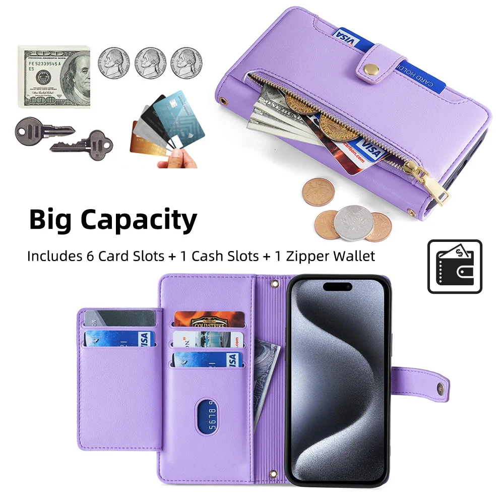 

Multi 5 Cards Crossbody Leather Zipper Flip Case for Moto G82 G72 G62 G52 G71 G41 G31 G200 G30 G20 Lanyard Wrist Wallet Cover