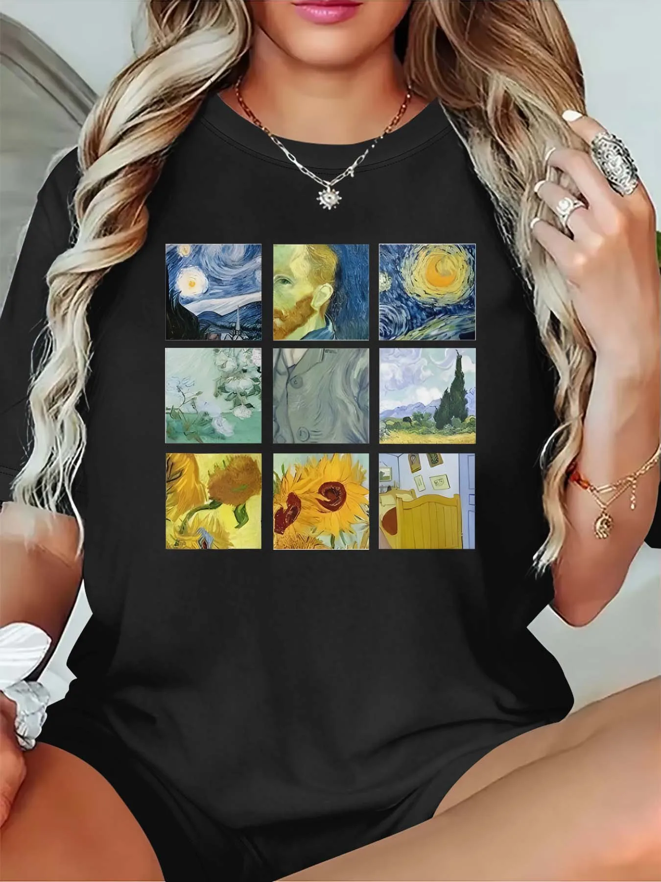 Plus Size Artistic Van Gogh Masterpiece Collage Tee For Women’s Sophisticated Fashion Taste
