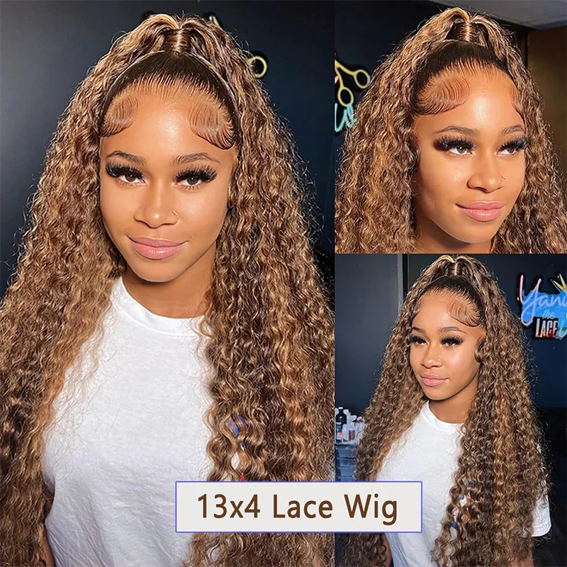 250% densité longue lâche vague profonde perruque miel blond reflets 13x4 dentelle avant perruque P4/27 Ombre mettre en évidence vague profonde Transparent La