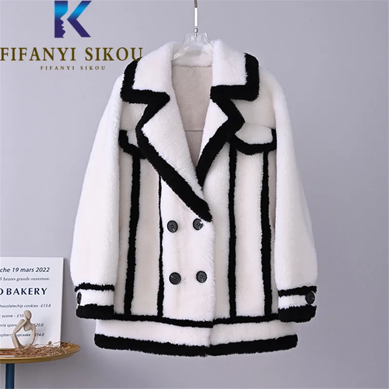 

Stripe Spliced Fur Coat Women High Quality Fluffy Sheep Shearing Fashion Lapel Fur Jacket Winter Warm Wool Teddy Coat Female